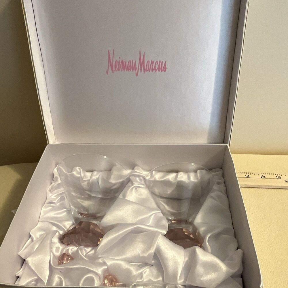 Neiman Marcus Martini Glass Set 4pc Pink Faceted Base Swizzle Sticks Satin Box